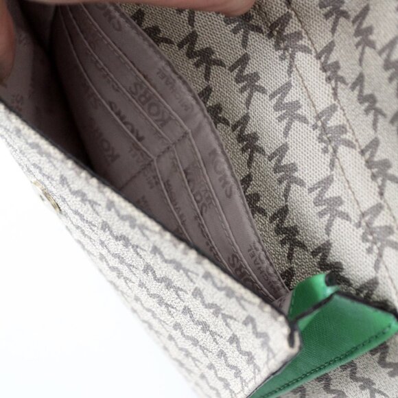 Michael Kors Monogram Canvas Tote Bag with Green Leather Handles - Picture 10 of 16